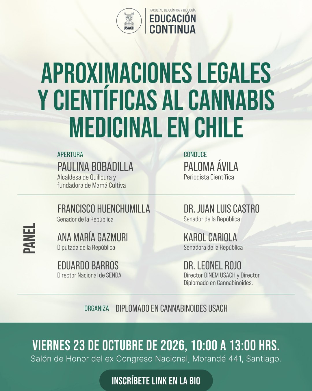 Gráfica de la conferencia publicada por Educación Continua de la Facultad de Química y Biología de la USACH: título, apertura, conducción, panel, fecha, hora y lugar.